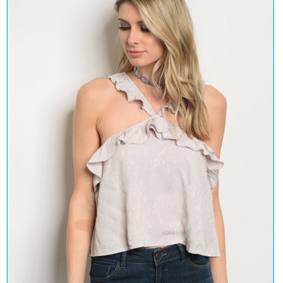 Honey Punch ruffle sleeve crop top gray silver S - Picture 5 of 6